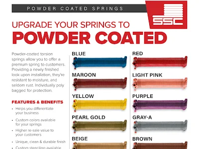 SSC DuraMaster powder-coated torsion spring product sheet showing blue, red, maroon, light pink, yellow, purple, pearl gold, gray, beige, and brown spring color options