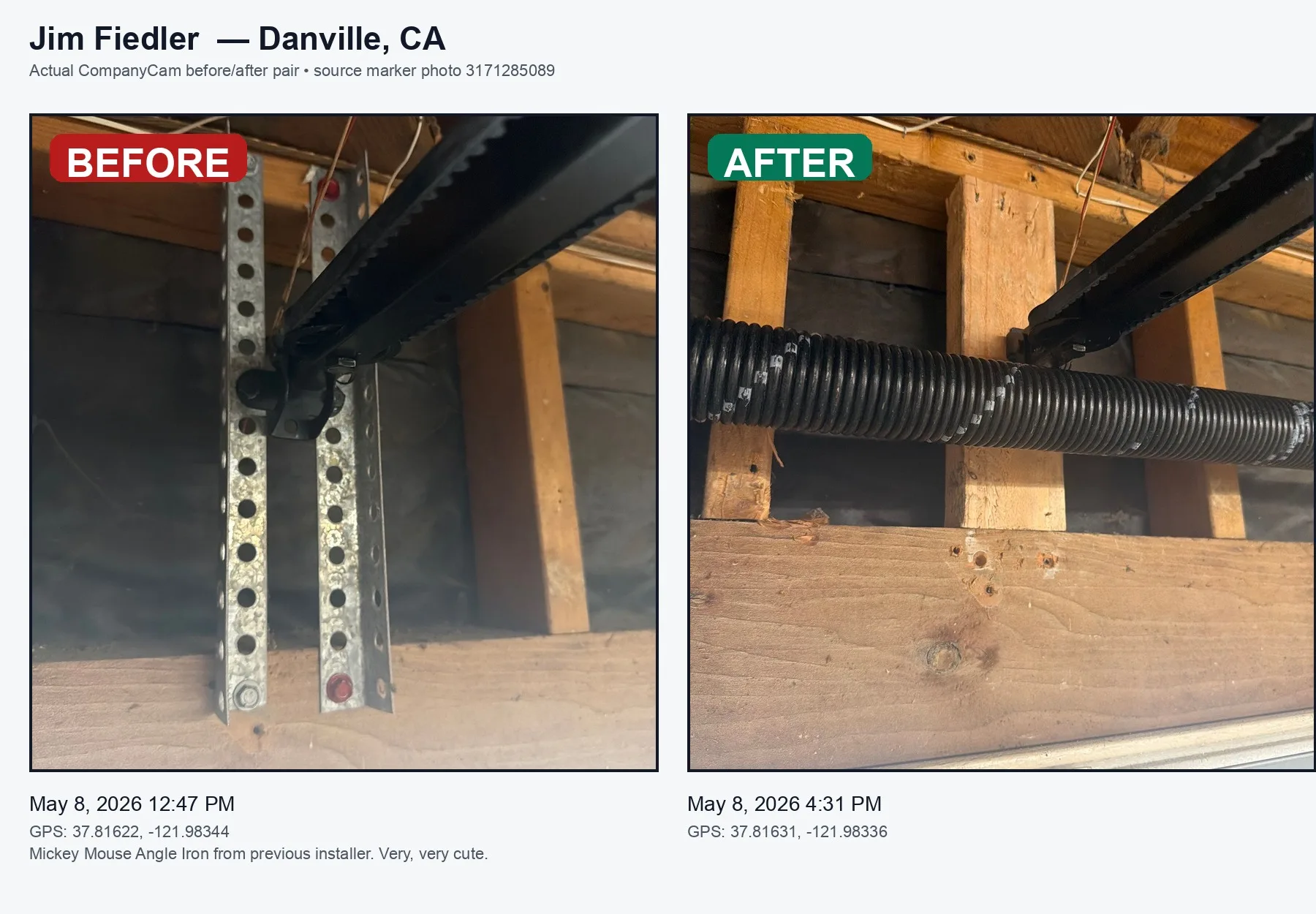 Danville garage door repair before and after — spring and hardware repair by Valiant Garage Door for real garage door repair project photos Pleasanton CA