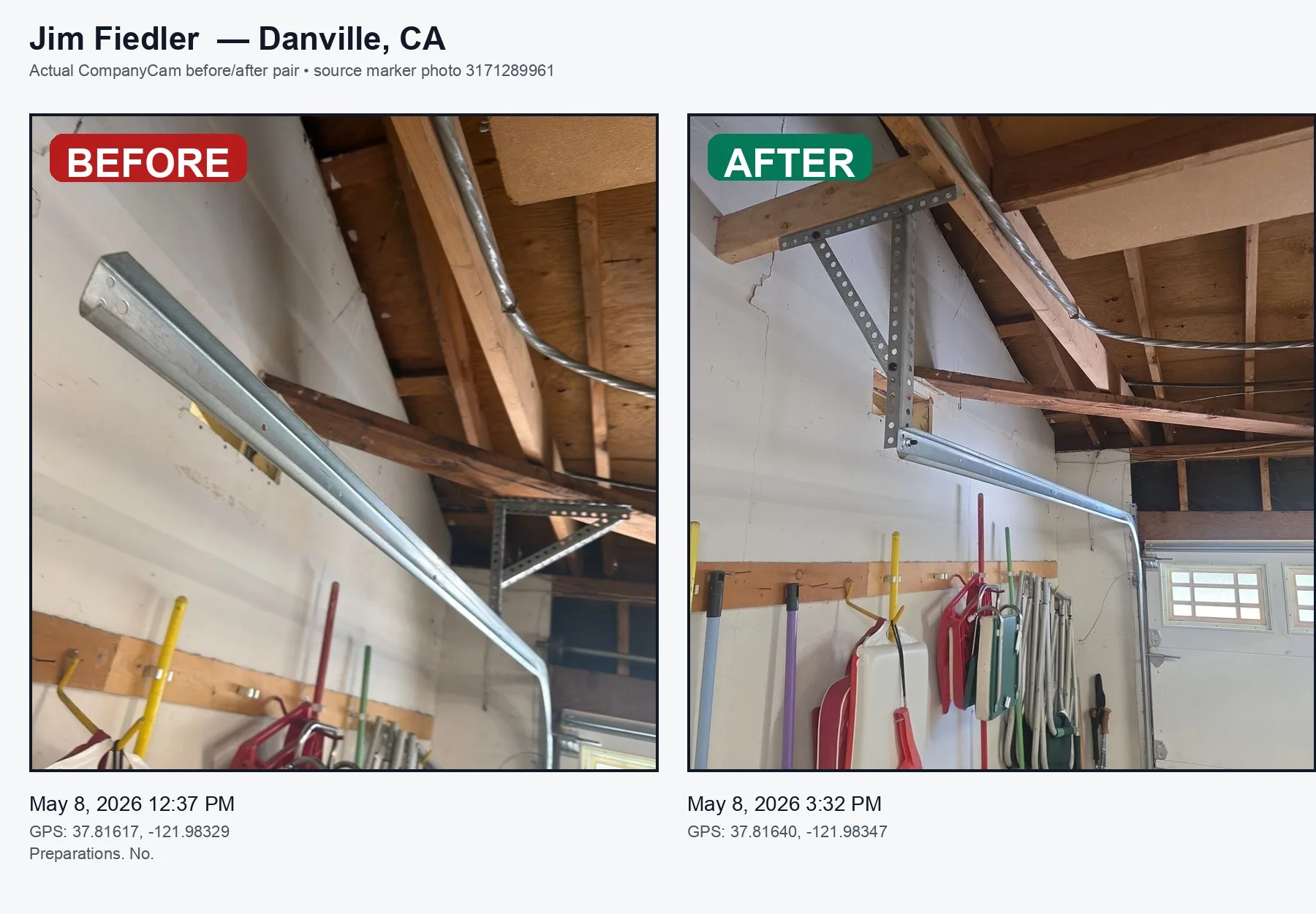 Danville garage door repair before and after — track and hardware repair by Valiant Garage Door for real garage door repair project photos Pleasanton CA