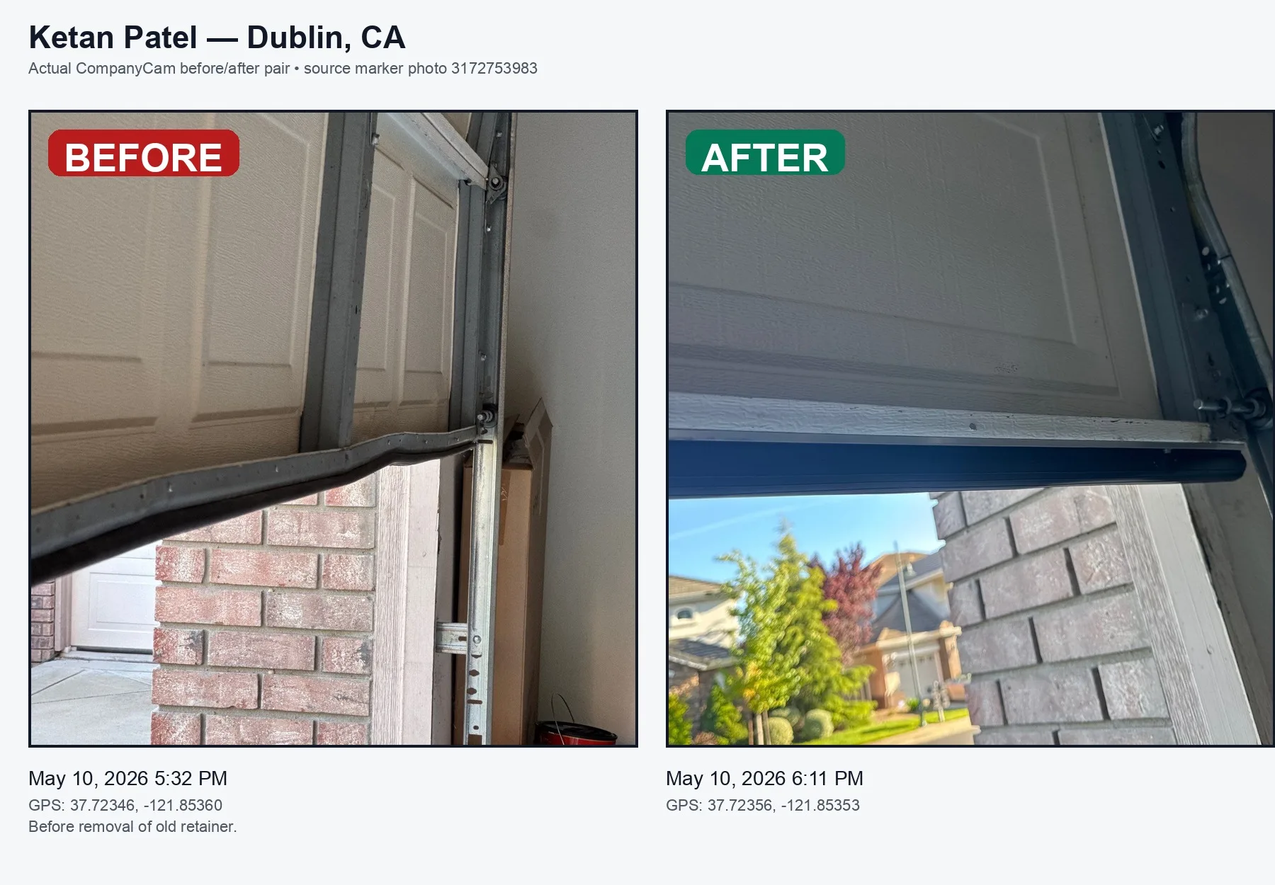 Dublin garage door repair before and after — bottom retainer repair by Valiant Garage Door for real garage door repair project photos Pleasanton CA