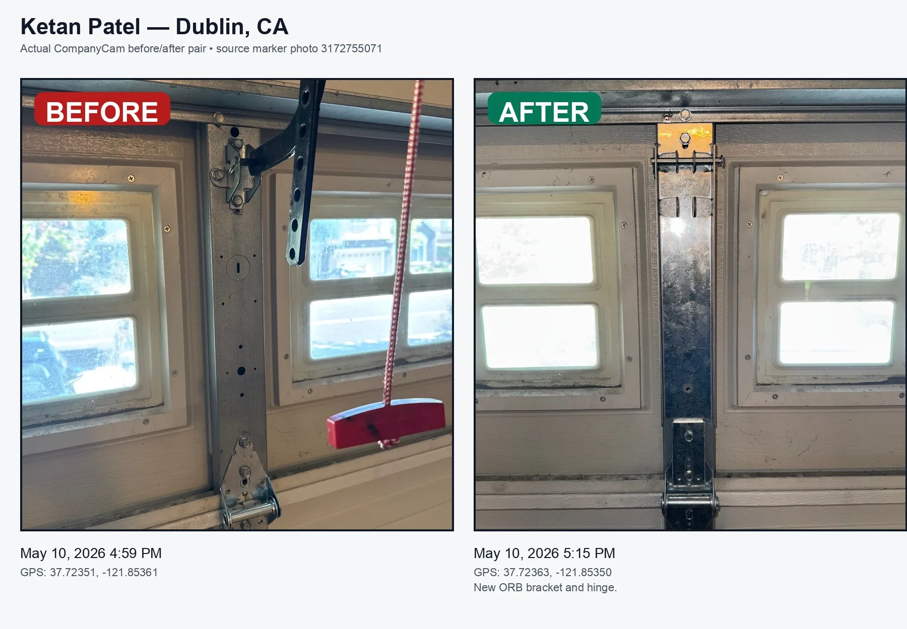 Dublin garage door repair before and after — bracket and hinge repair by Valiant Garage Door for real garage door repair project photos Pleasanton CA