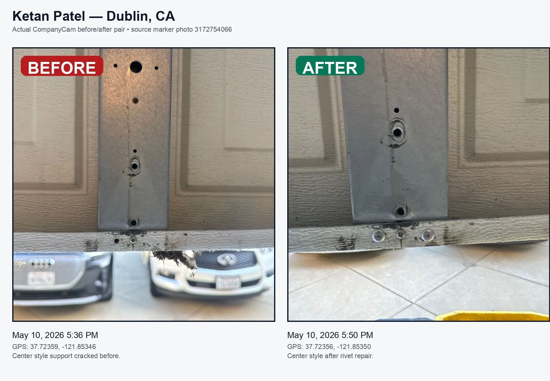 Dublin garage door repair before and after — center stile repair by Valiant Garage Door for real garage door repair project photos Pleasanton CA