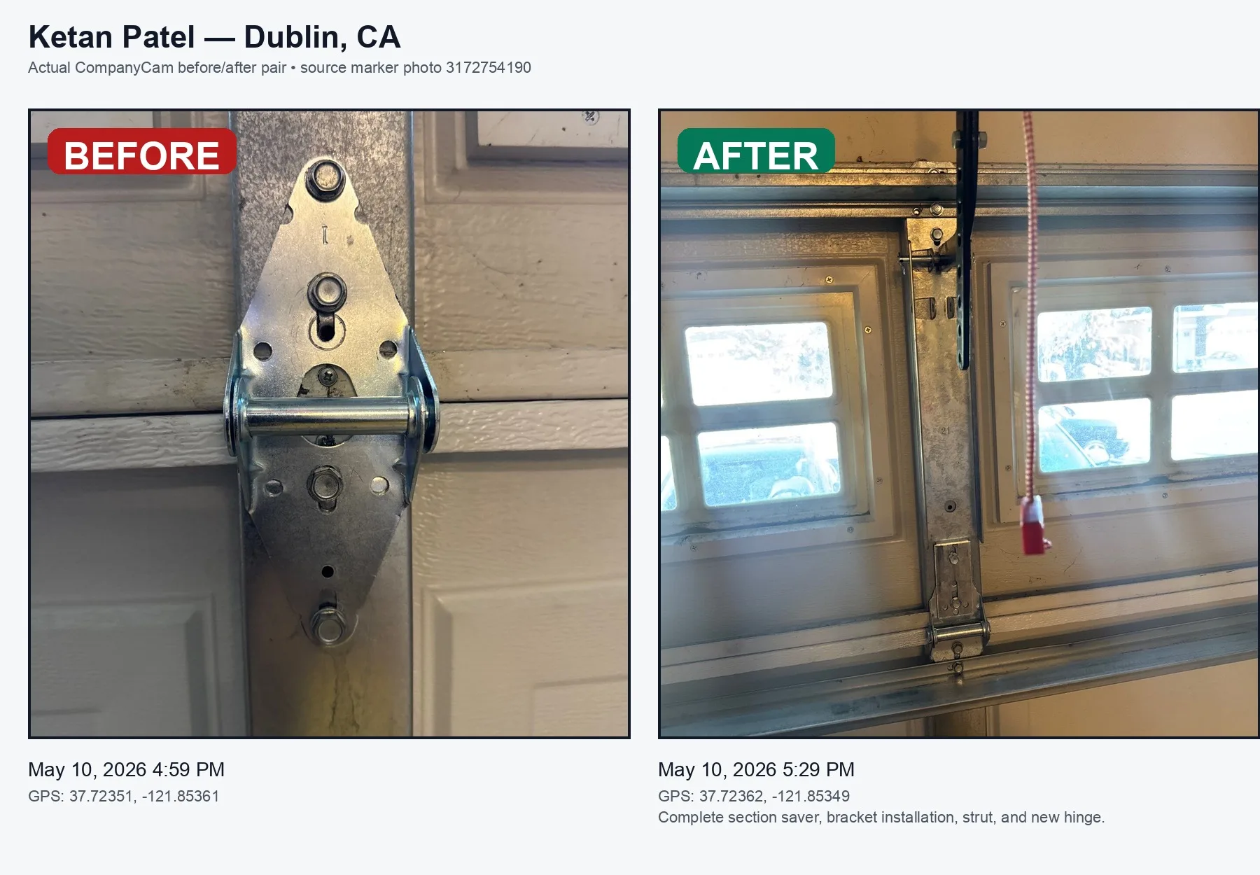 Dublin garage door repair before and after — section saver, bracket, strut, and hinge repair by Valiant Garage Door for real garage door repair project photos Pleasanton CA