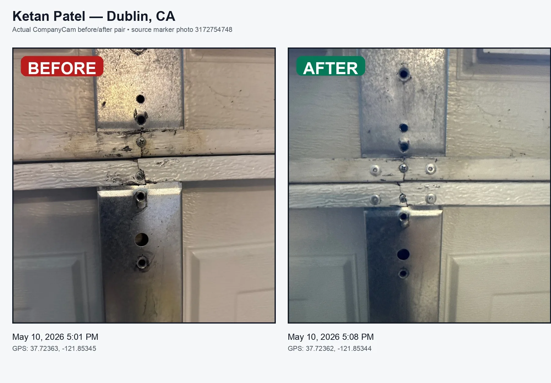 Dublin garage door repair before and after — section reinforcement repair by Valiant Garage Door for real garage door repair project photos Pleasanton CA
