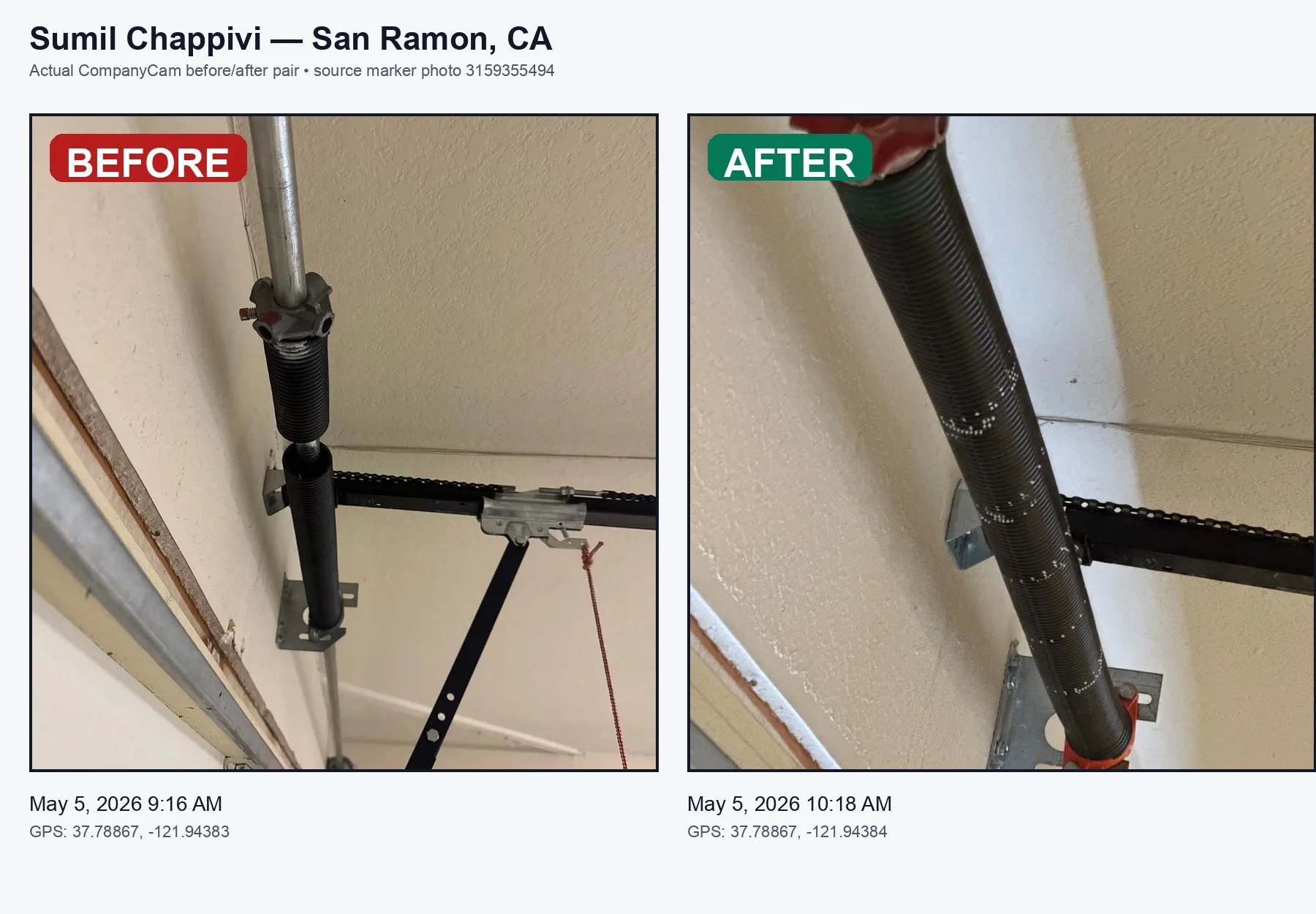 San Ramon garage door spring repair before and after by Valiant Garage Door for real garage door repair project photos Pleasanton CA